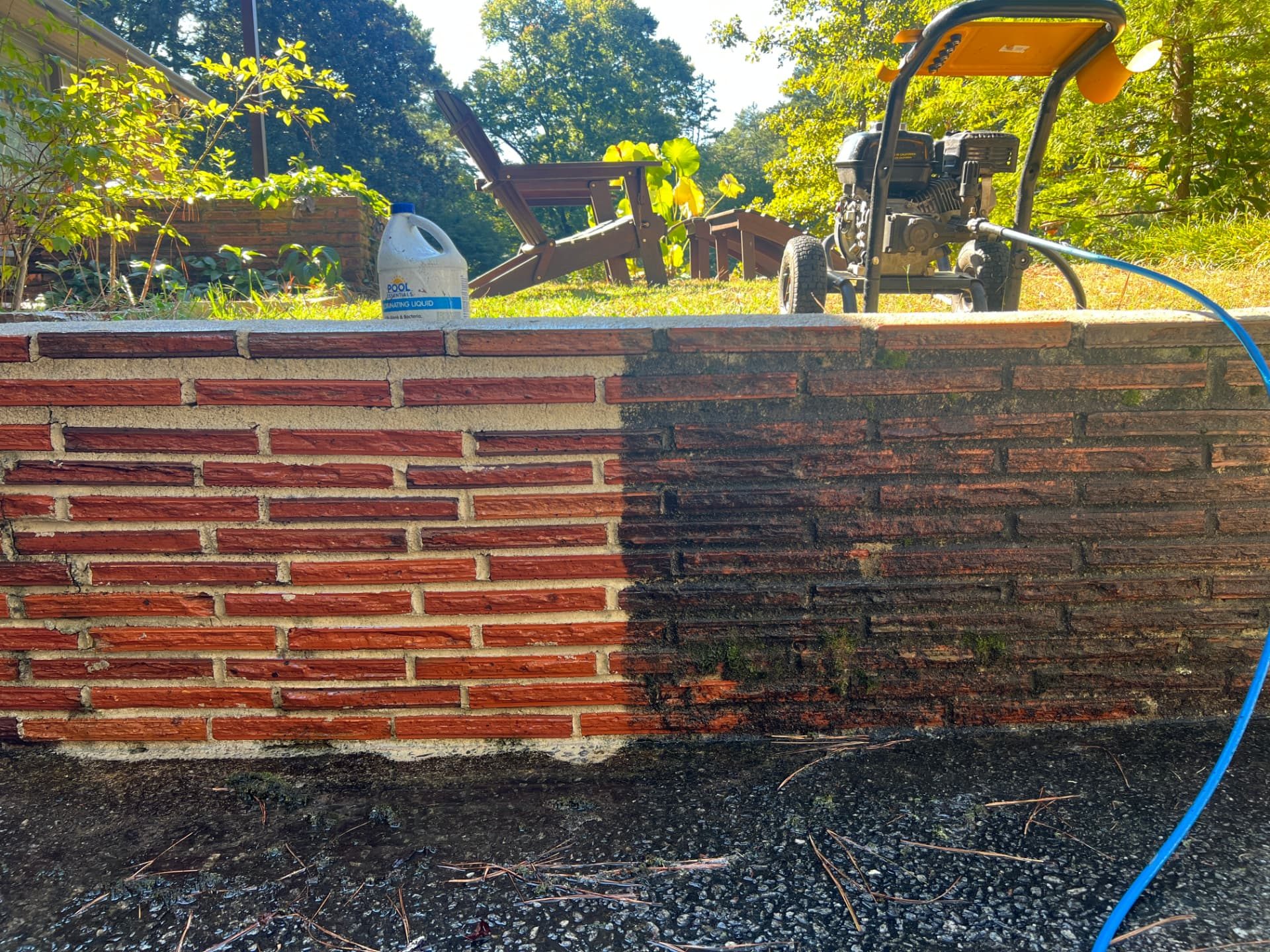 Brick garden wall showing the clean side beside the stained side